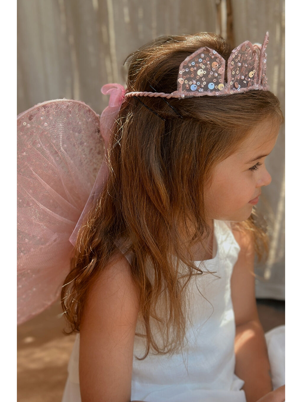 Pembe Pullu Boncuklu 3'lü Kelebek Kanat Asa Taç Set-2