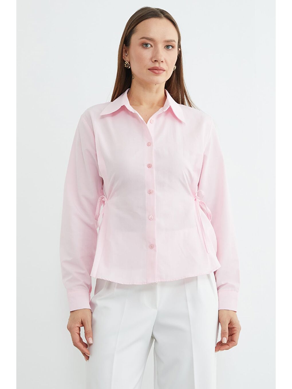 Pembe Basic Yanı Bağlama Detaylı Gömlek