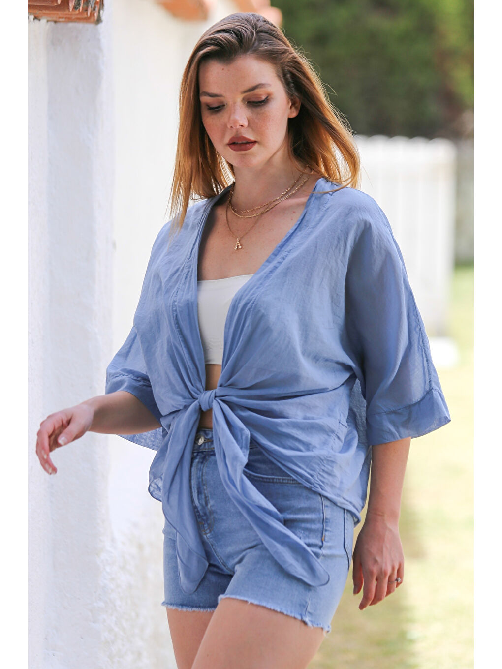 İtalyan Toz Mavi 3/4 Kol Bağlamalı Dokuma Casual Viskon Ceket-4