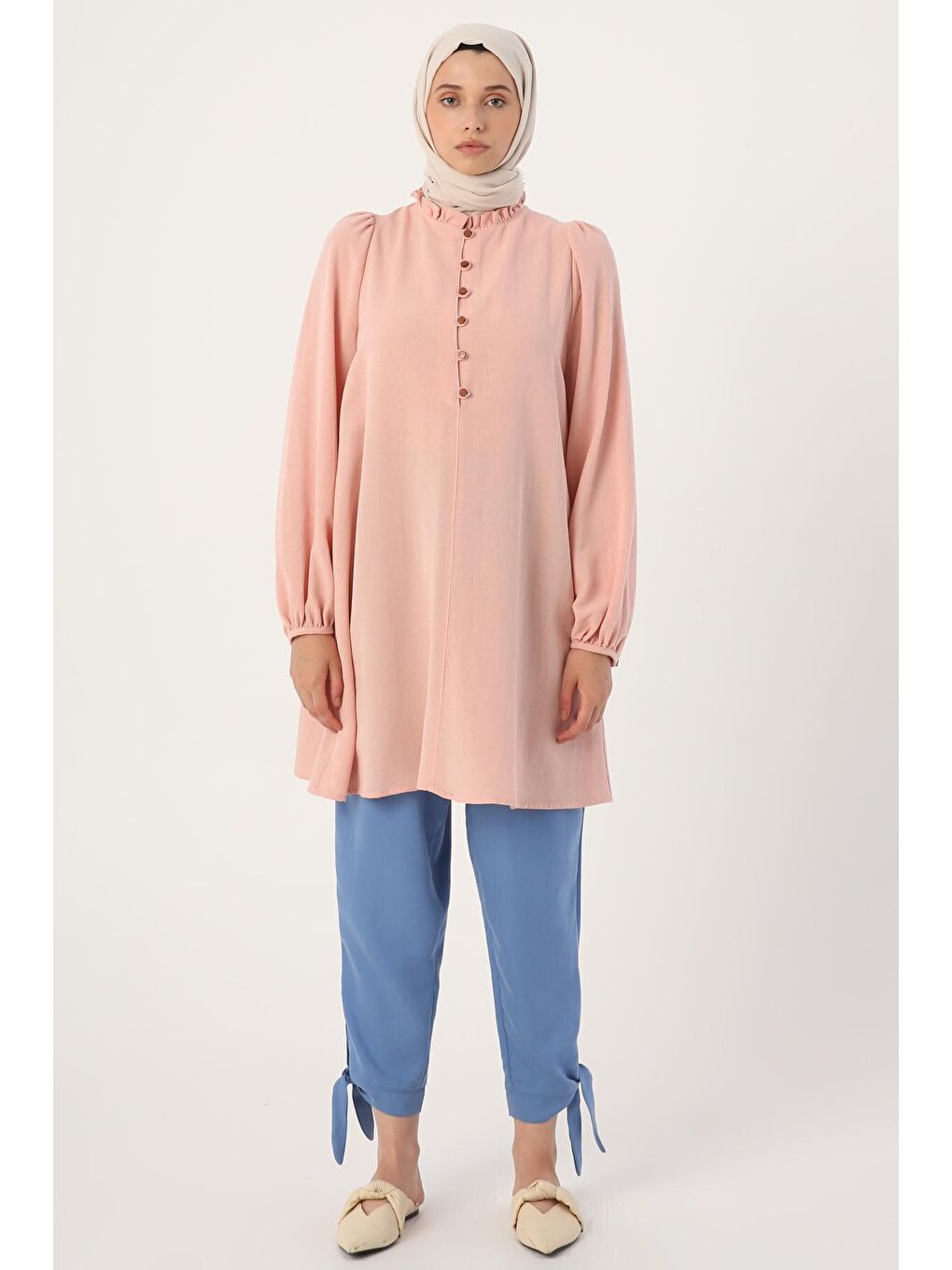 Pembe Pudra Yakası Fırfırlı Keten Tunik-1