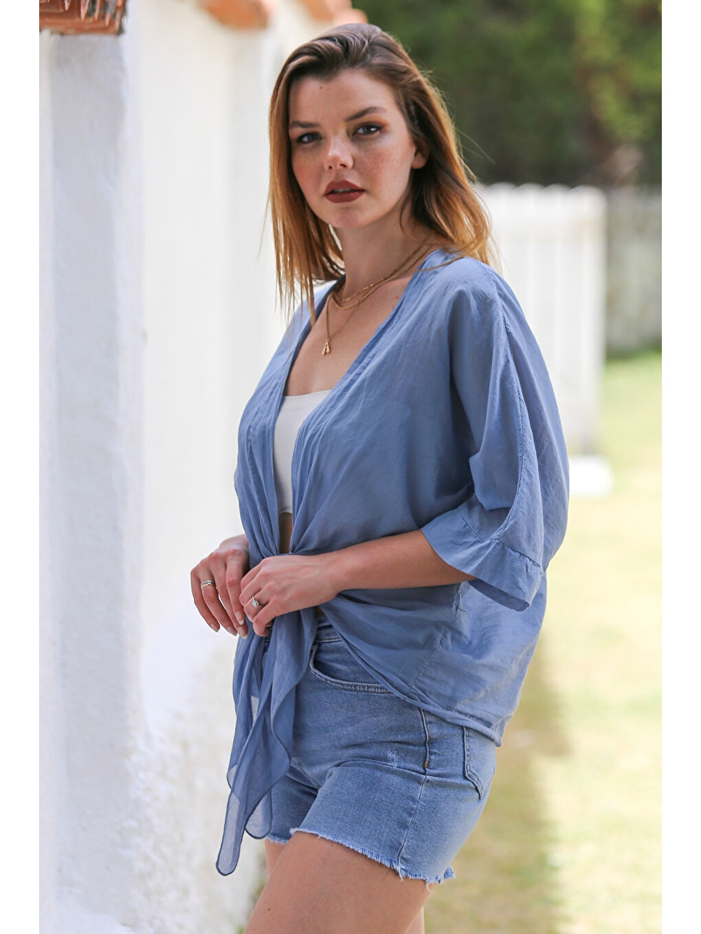 İtalyan Toz Mavi 3/4 Kol Bağlamalı Dokuma Casual Viskon Ceket-5