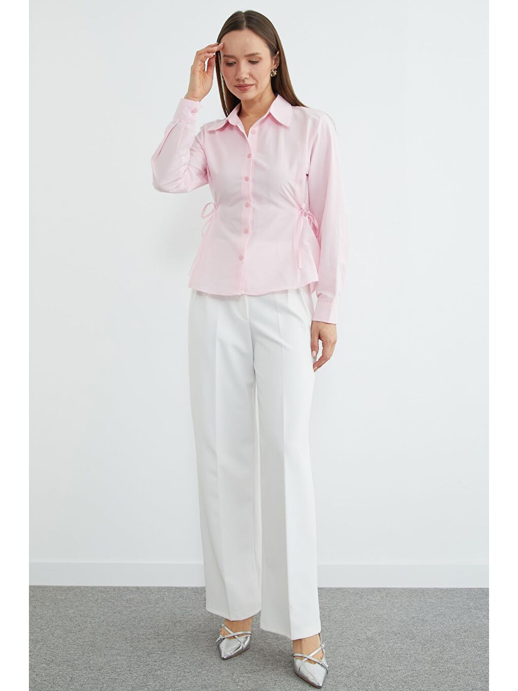 Pembe Basic Yanı Bağlama Detaylı Gömlek-1