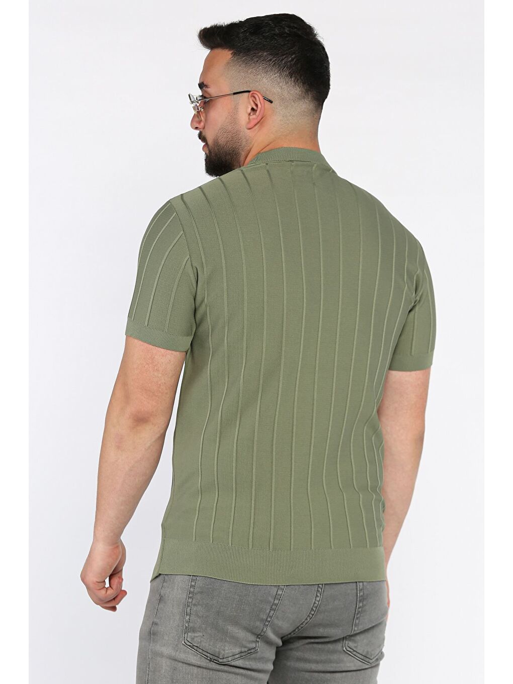 Haki Erkek Bisiklet Yaka Kendinden Çizgi Desenli Triko Tişört-2