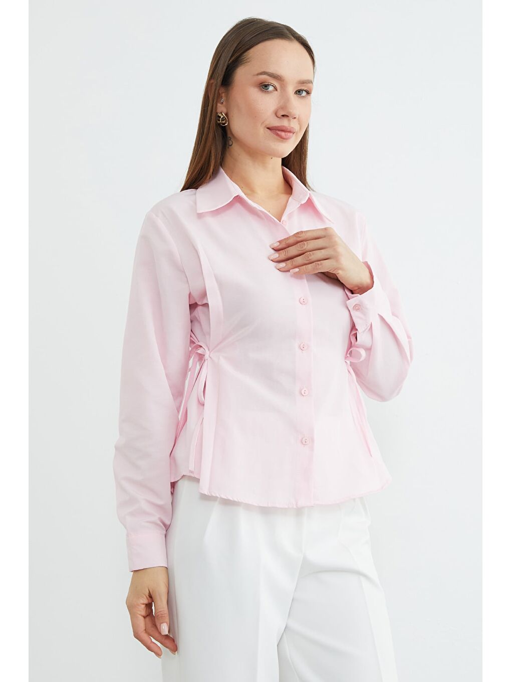 Pembe Basic Yanı Bağlama Detaylı Gömlek-2