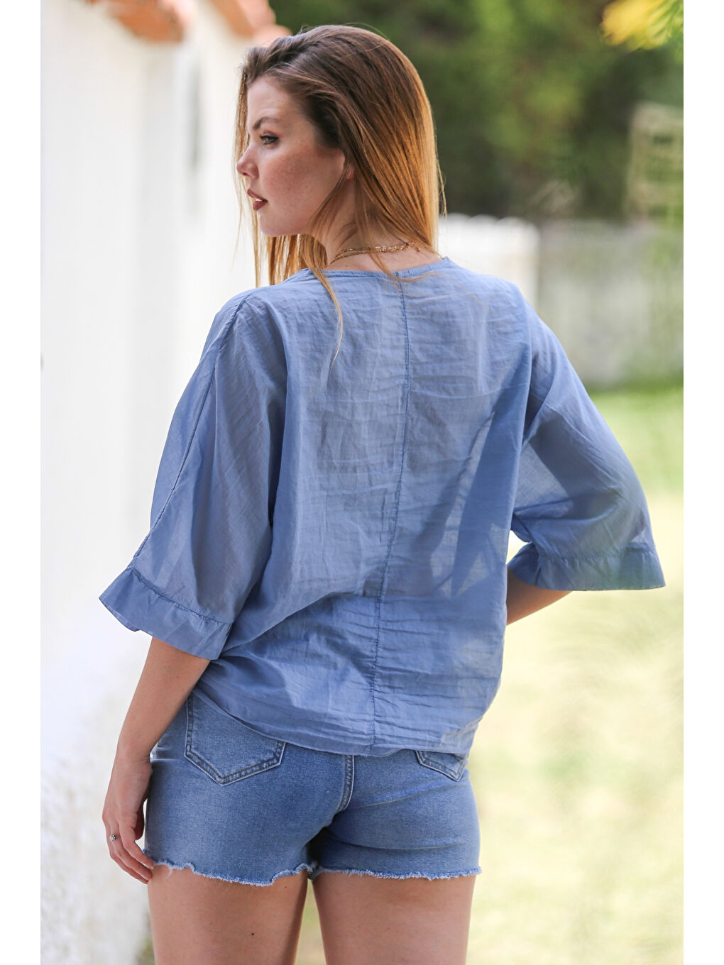 İtalyan Toz Mavi 3/4 Kol Bağlamalı Dokuma Casual Viskon Ceket-6