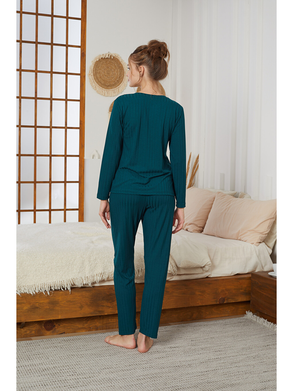Yeşil Kalp Nakışlı Fitilli Örme Pijama Takım25226003-2
