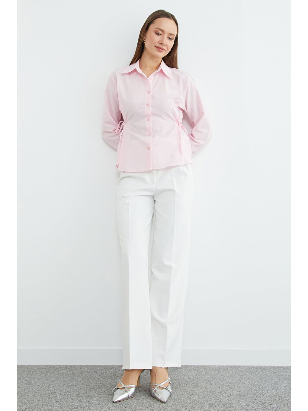Pembe Basic Yanı Bağlama Detaylı Gömlek-3