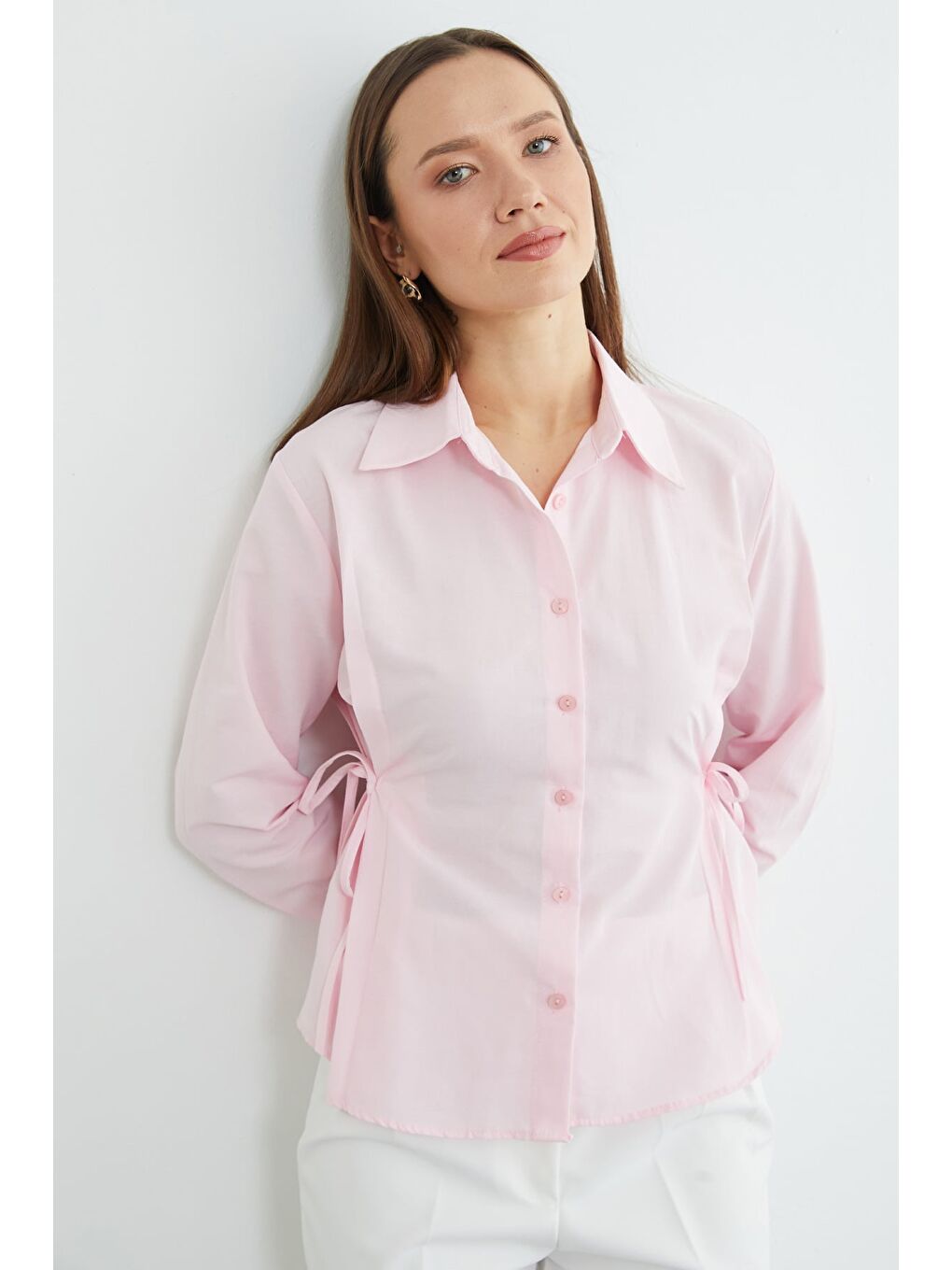Pembe Basic Yanı Bağlama Detaylı Gömlek-4