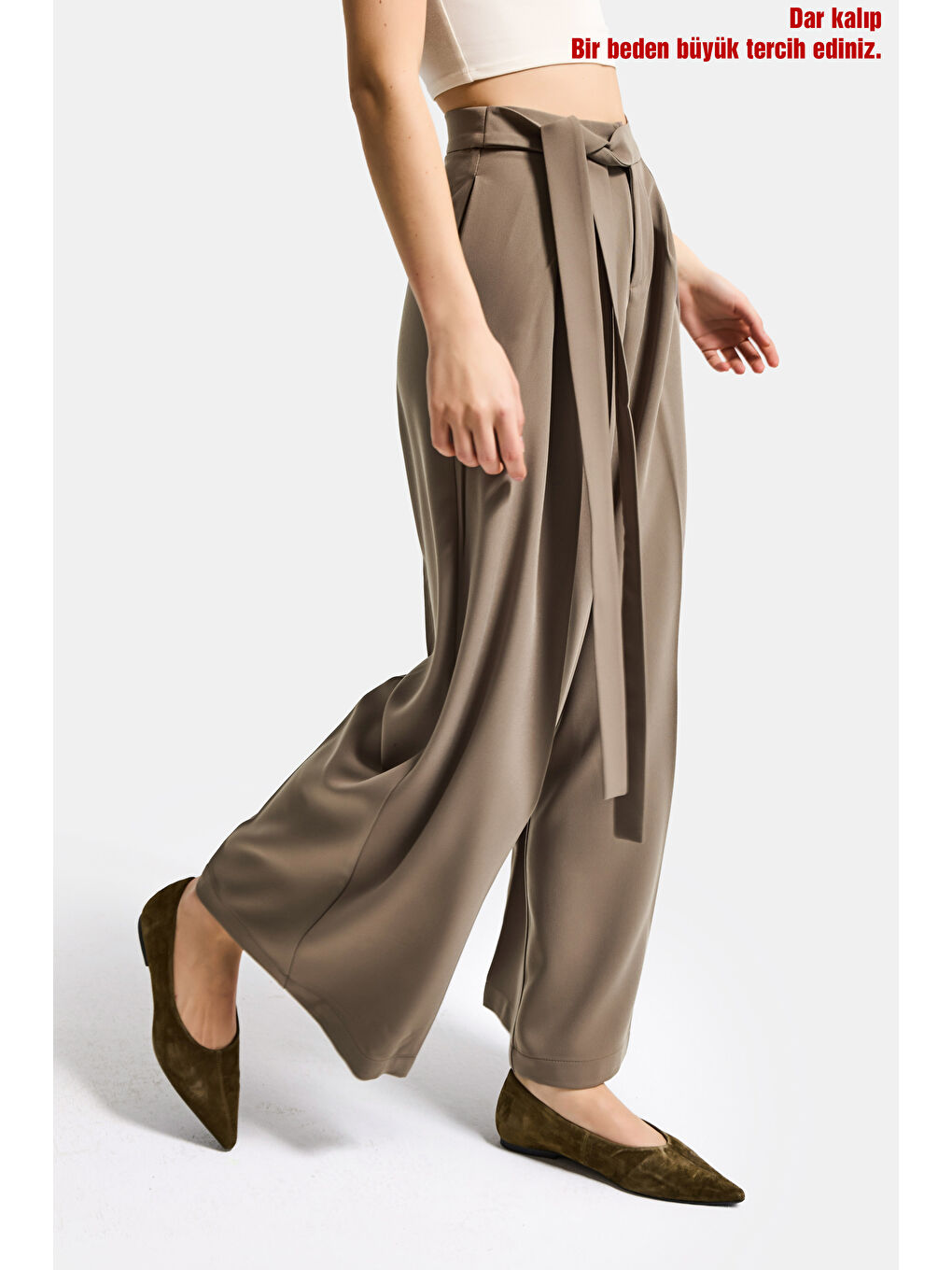Bej Kadın Vizon w5 Palazzo Fit Özel Kumaş Kemer Detaylı Tasarım Pantolon-1