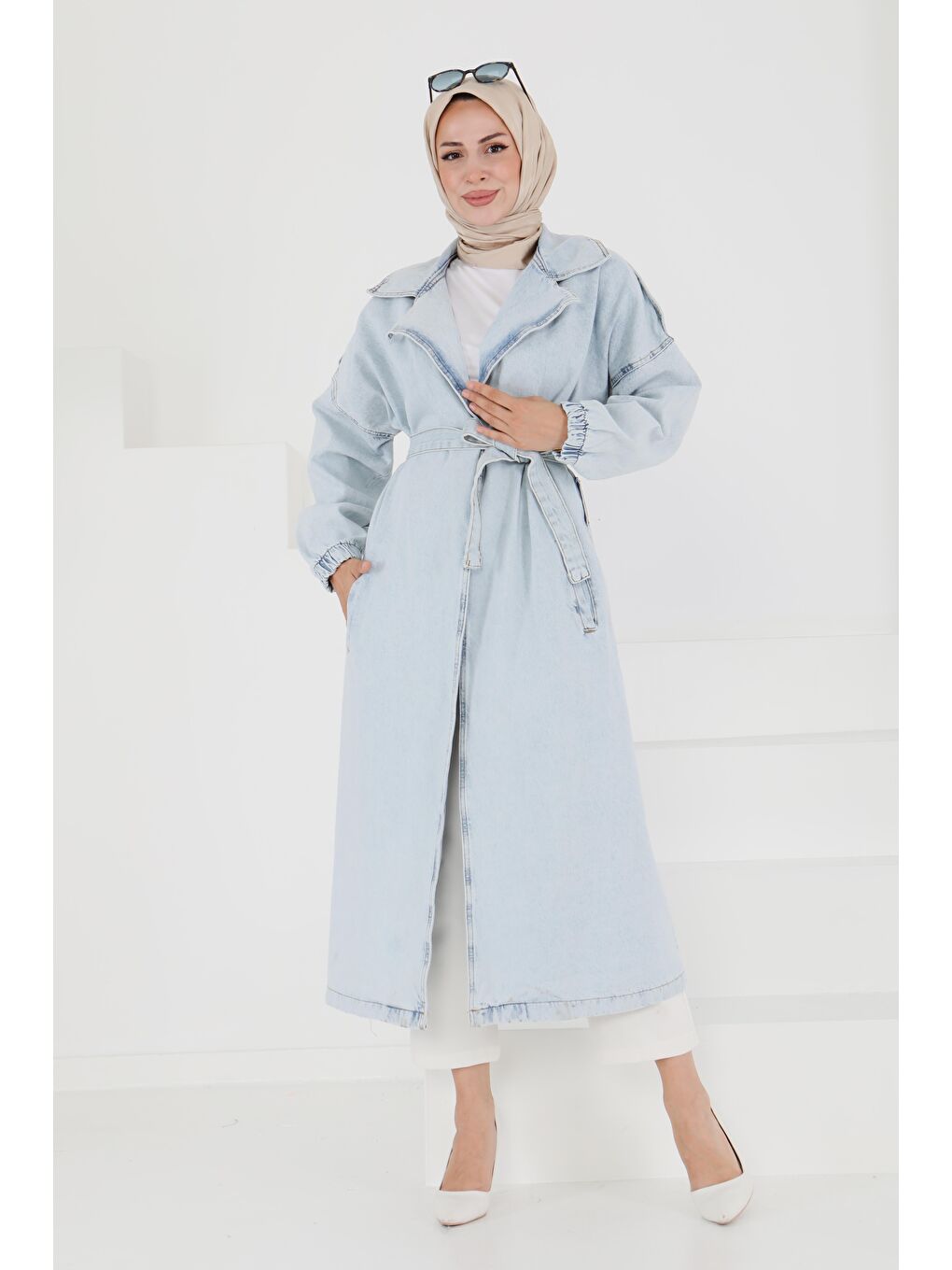 Jean Kuşaklı Trençkot Buz Mavi - 27444-1