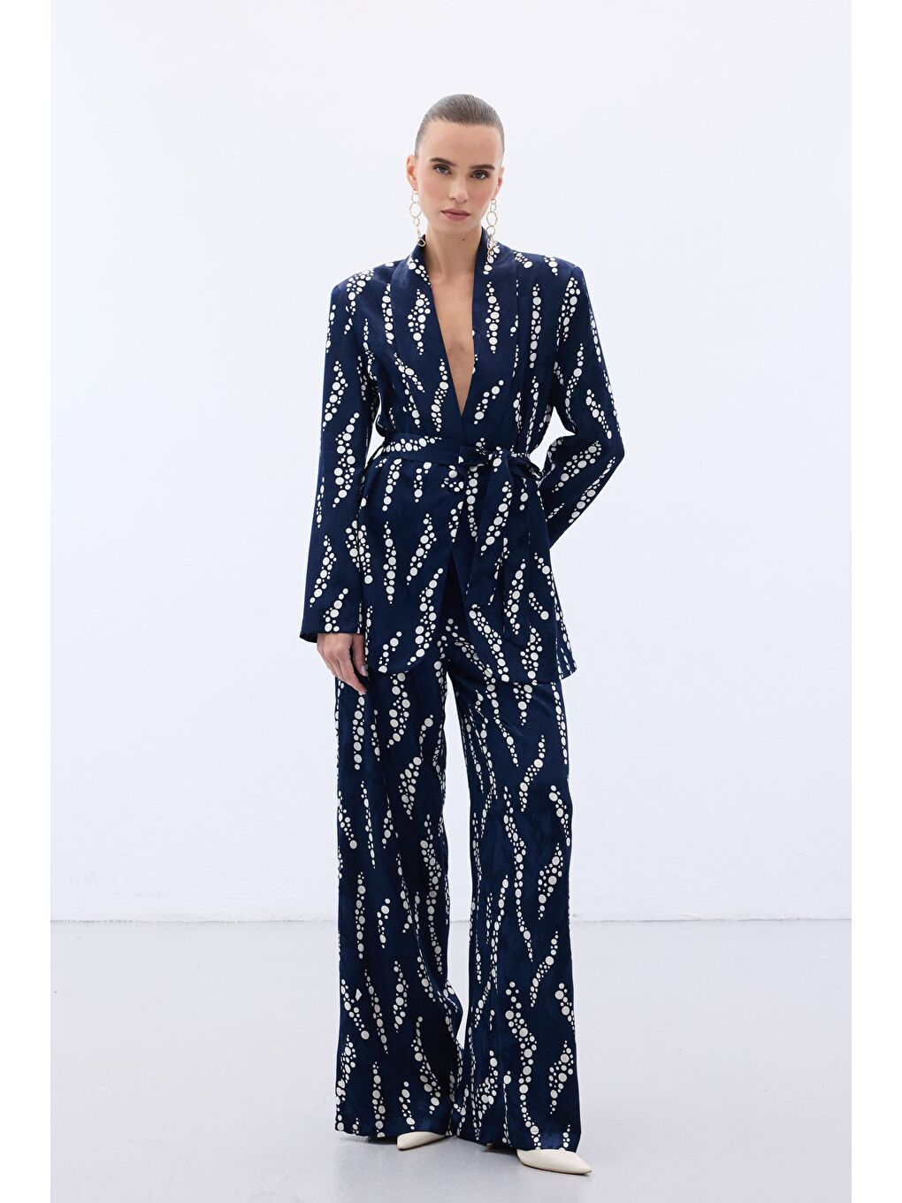 Desenli Bol Paça Pantolon - Lacivert