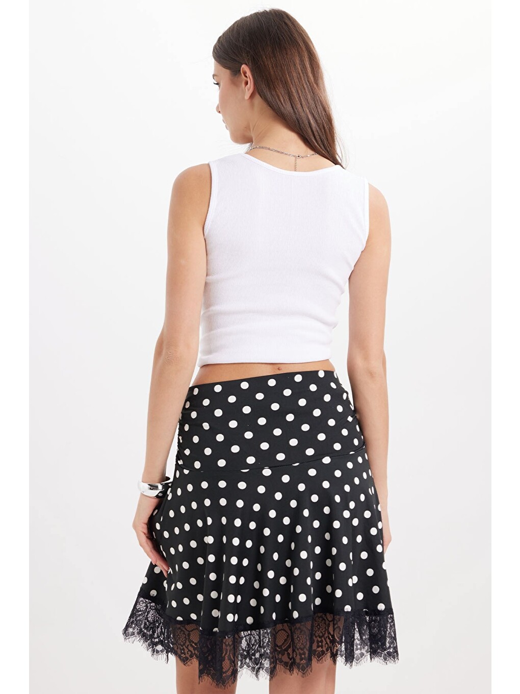 Kadın Slim Fit Dar Kesim Korse Detaylı Puantiyeli Likralı Dantelli Siyah Kısa Mini Etek-7