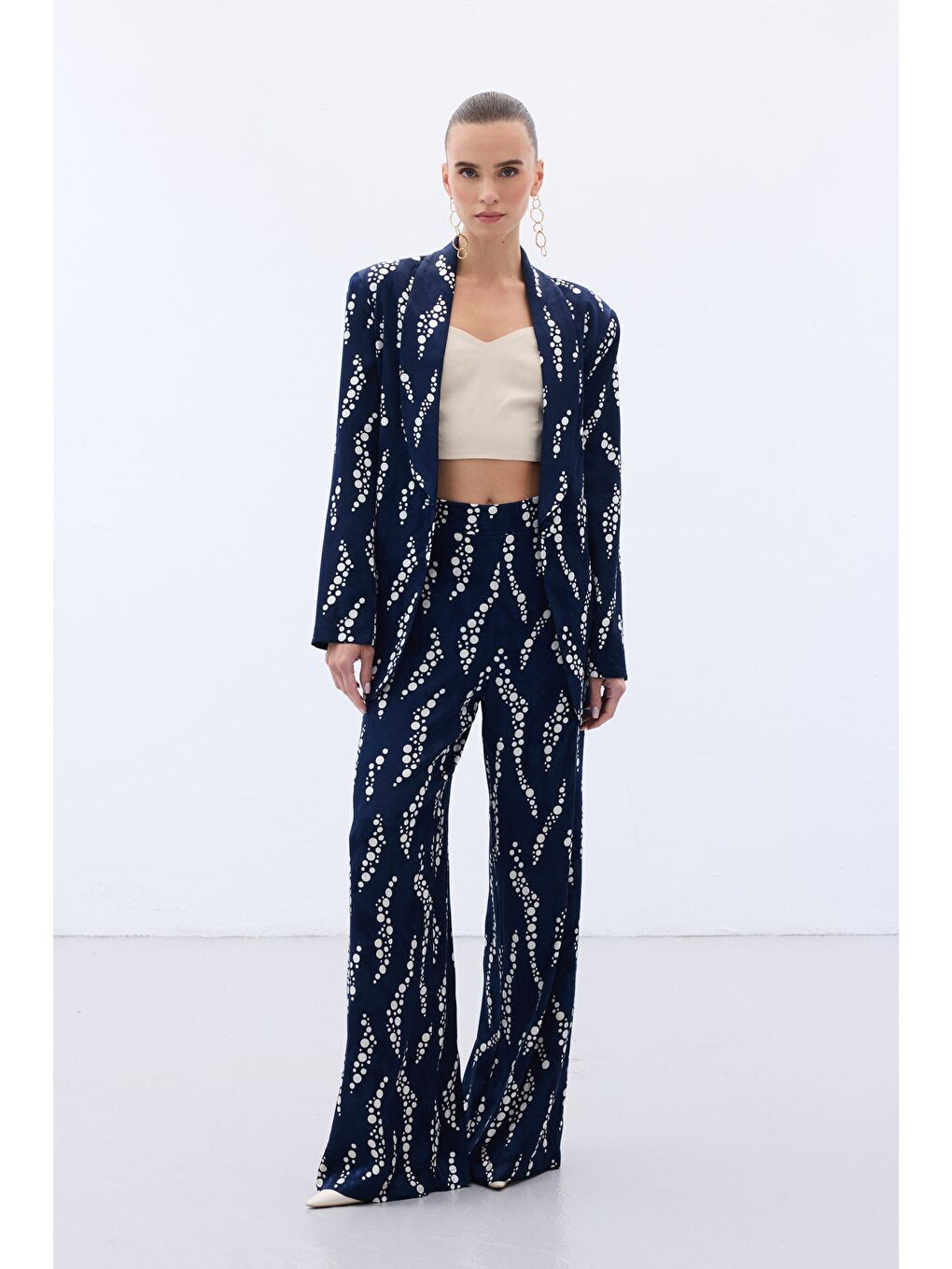Desenli Bol Paça Pantolon - Lacivert-1