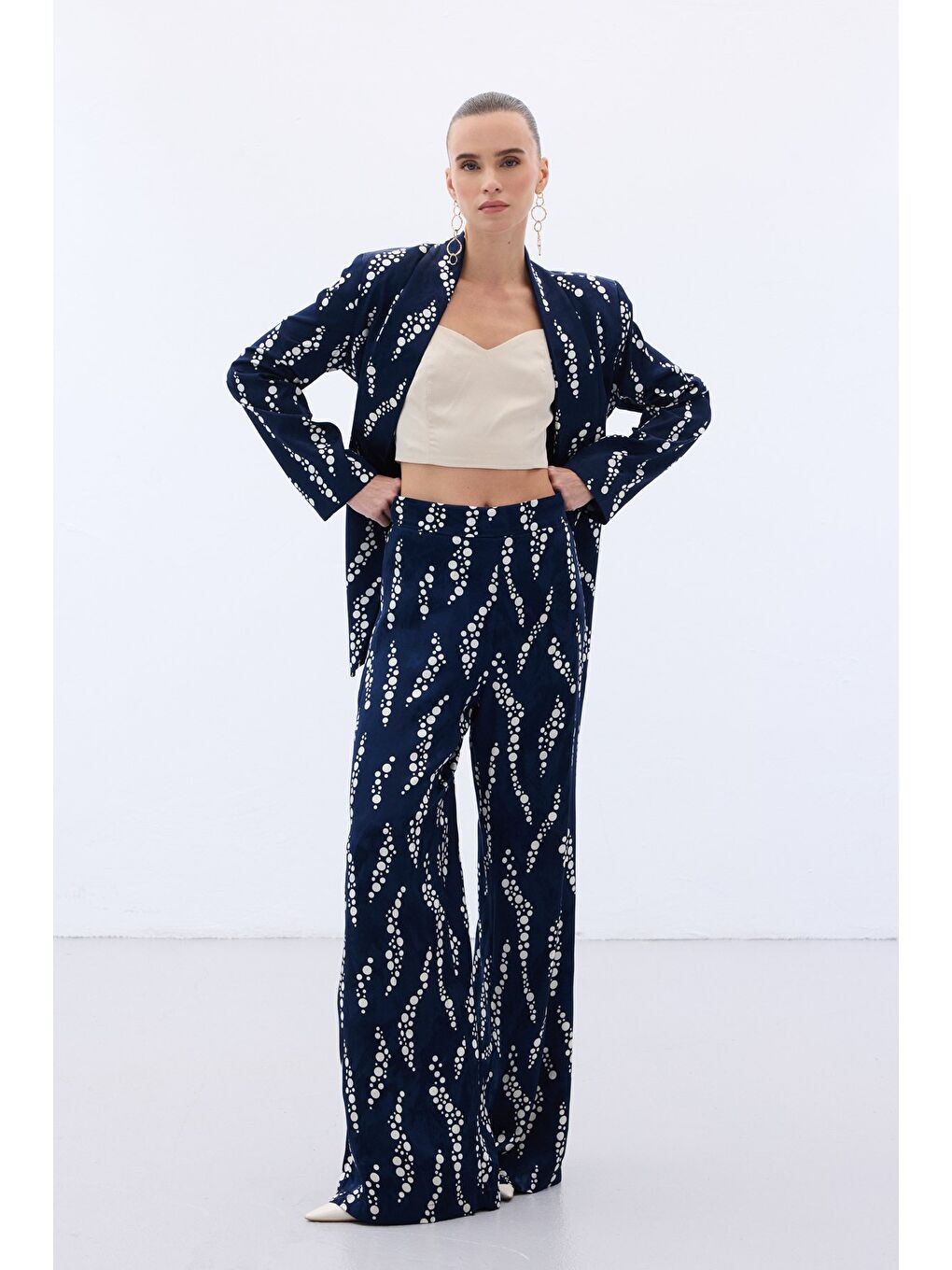 Desenli Bol Paça Pantolon - Lacivert-2