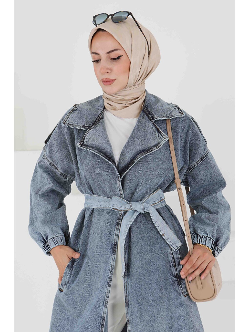 Jean Kuşaklı Trençkot Mavi - 27444-3