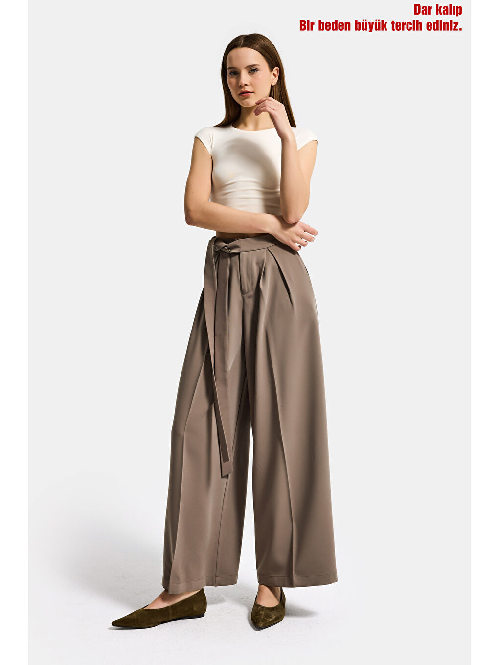 Bej Kadın Vizon w5 Palazzo Fit Özel Kumaş Kemer Detaylı Tasarım Pantolon-2
