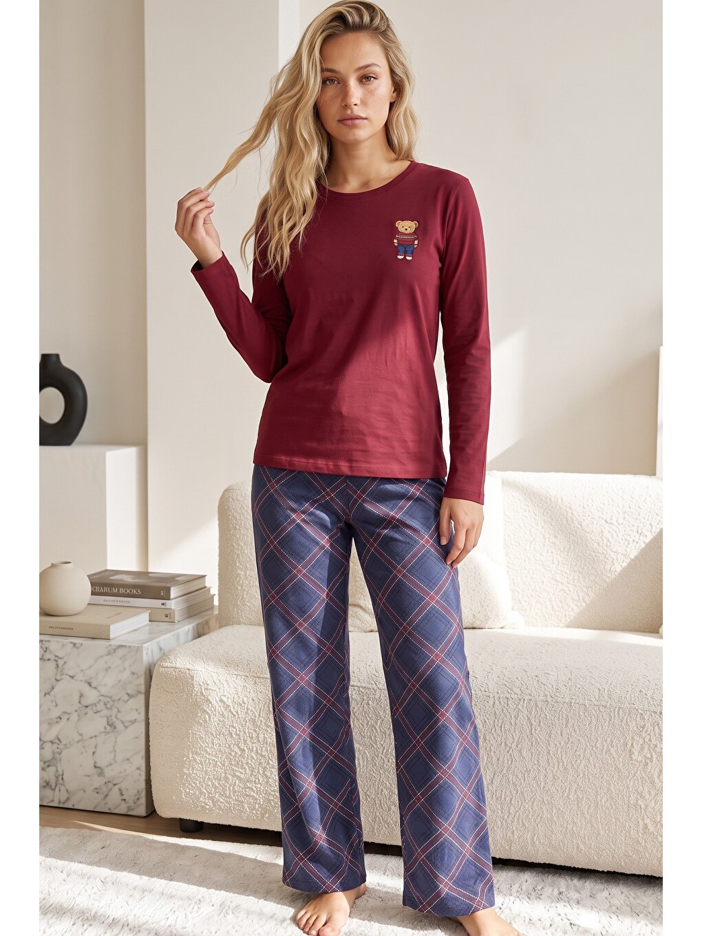 Bordo Pamuklu Elastanlı Örme Pijama Takım26240315-1