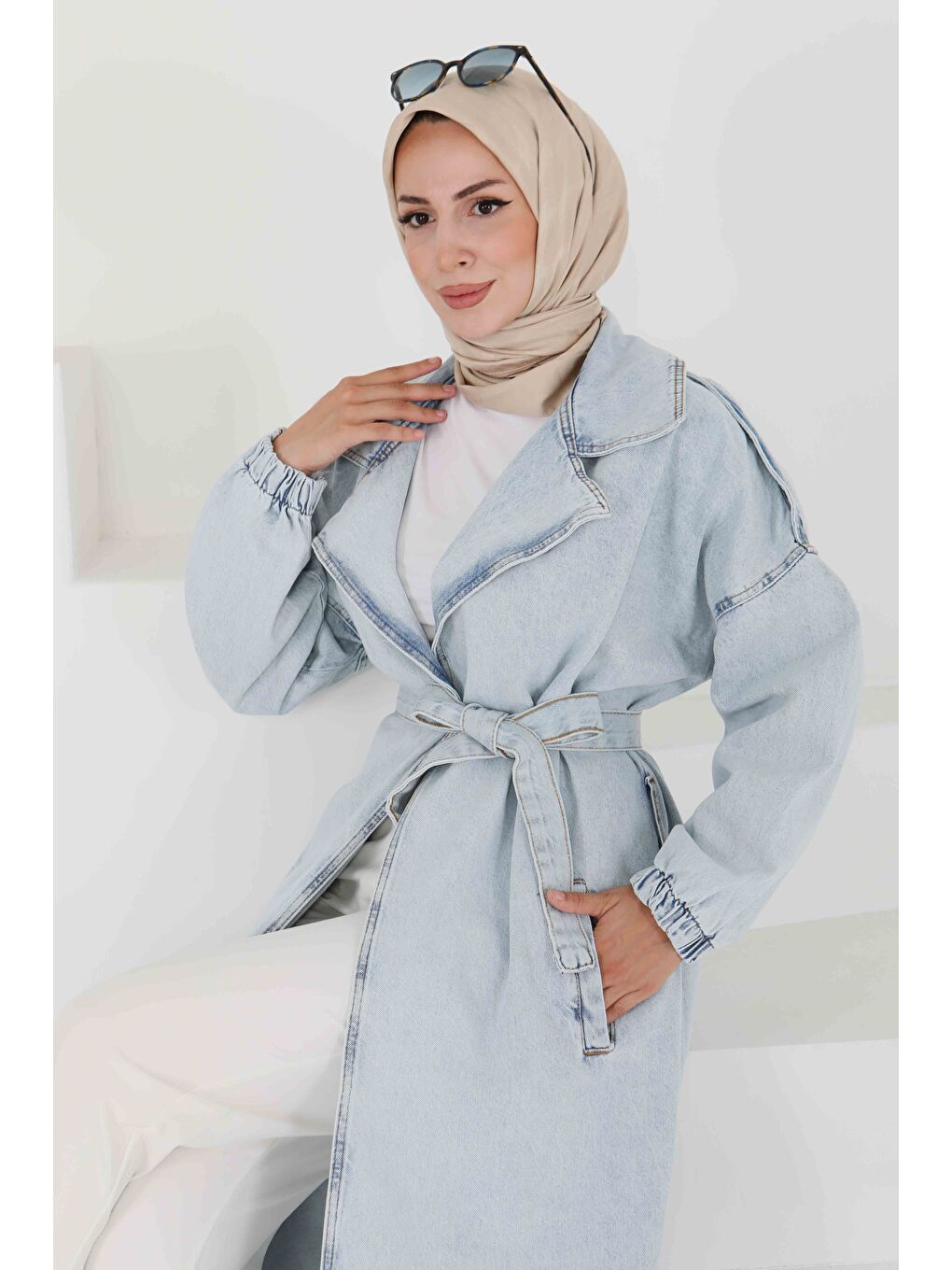Jean Kuşaklı Trençkot Buz Mavi - 27444-2
