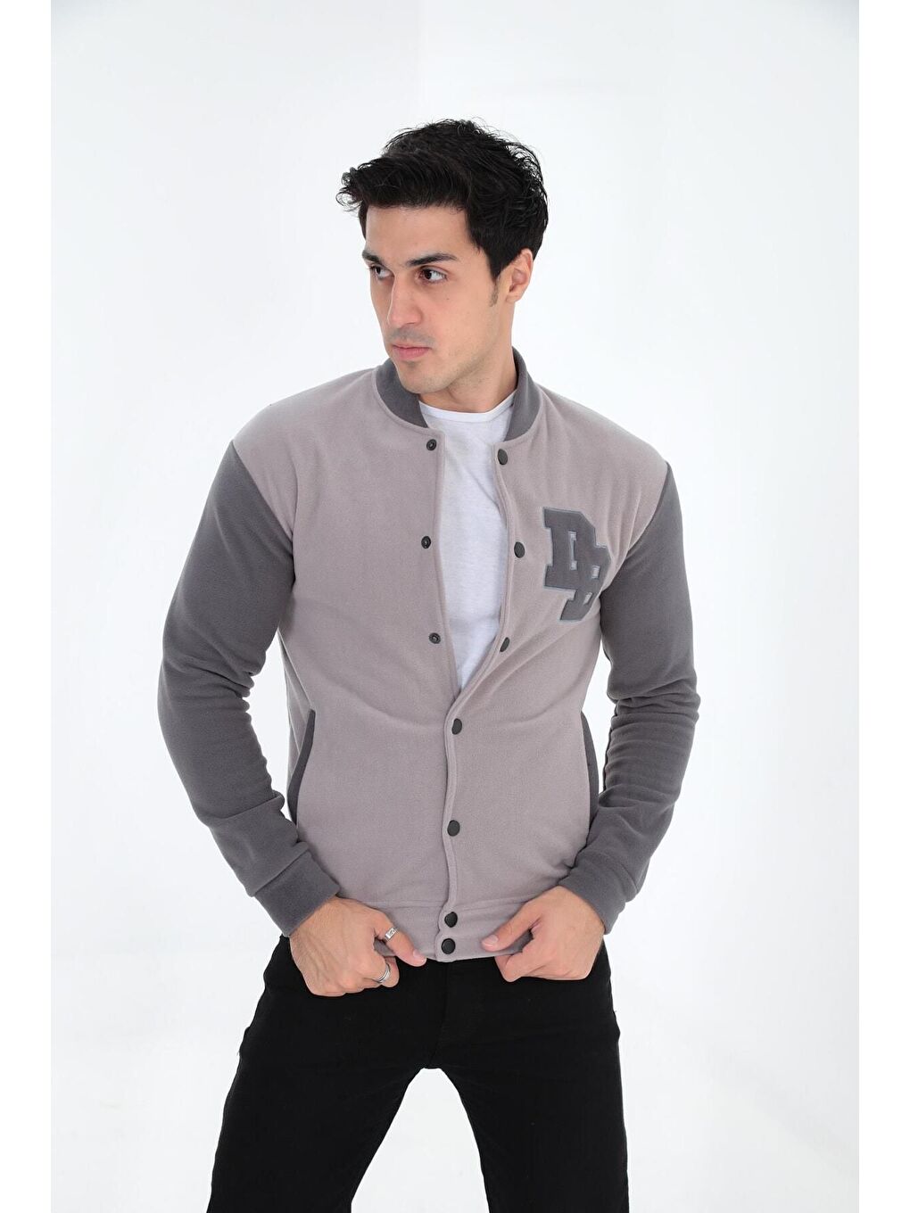 Gri Bomber Yaka Fit Polar Kolej Ceket-3