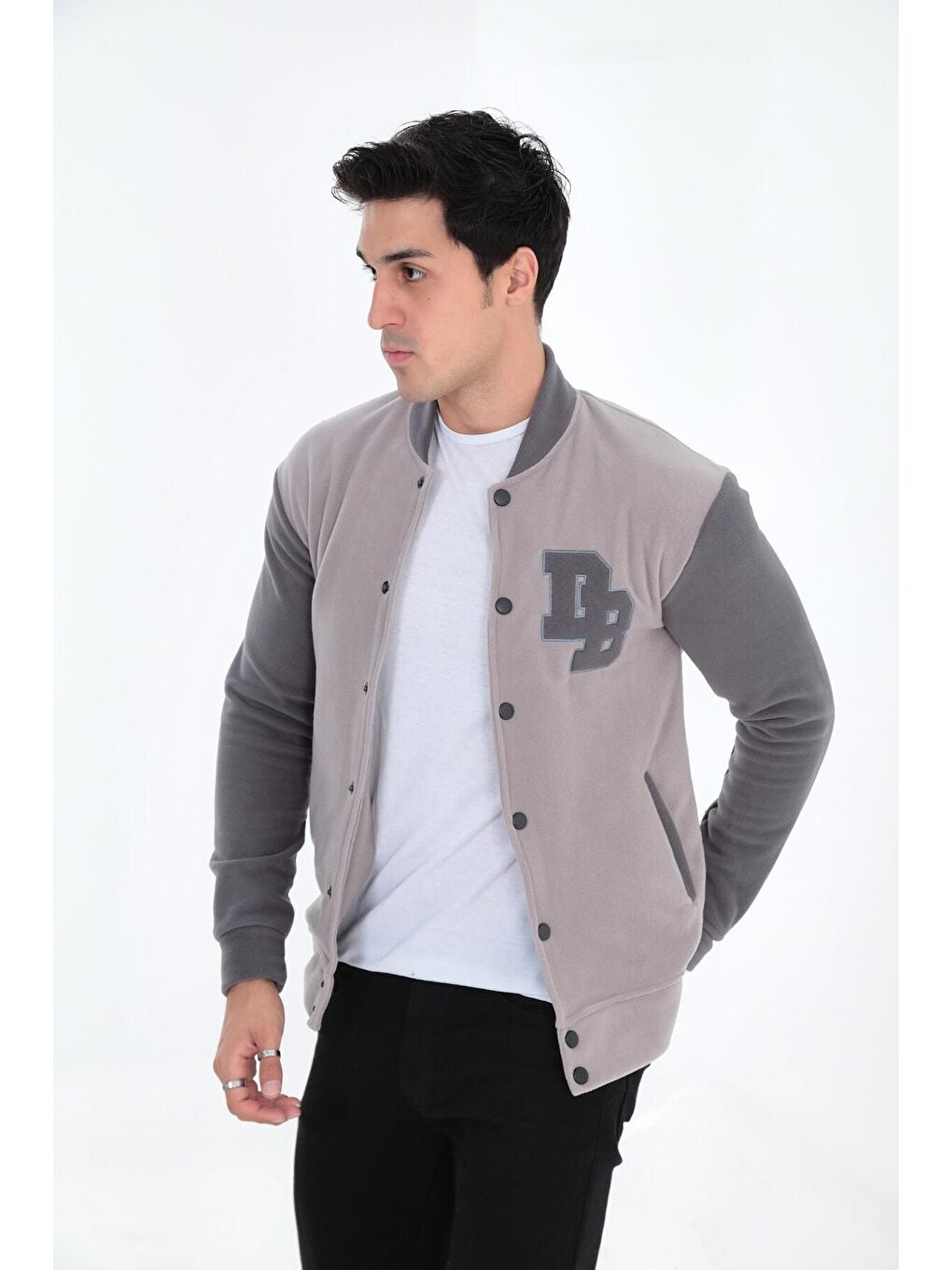 Gri Bomber Yaka Fit Polar Kolej Ceket-4