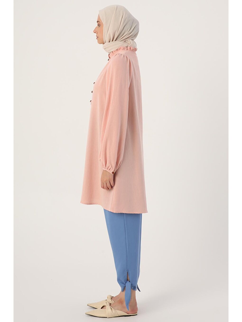 Pembe Pudra Yakası Fırfırlı Keten Tunik-2