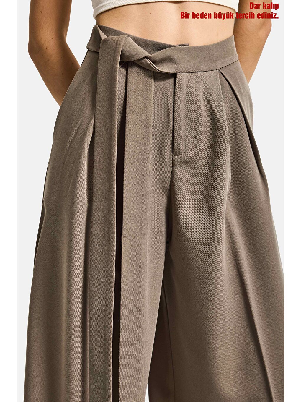 Bej Kadın Vizon w5 Palazzo Fit Özel Kumaş Kemer Detaylı Tasarım Pantolon-3