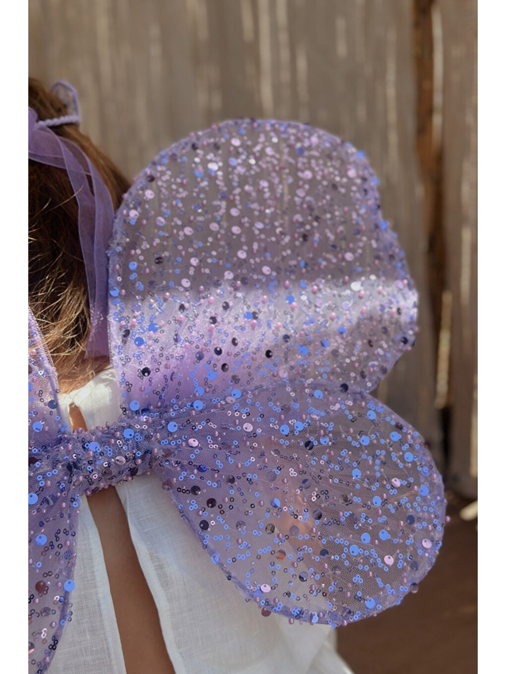 Lila Pullu Boncuklu 3'lü Kelebek Kanat Asa Taç Set-2