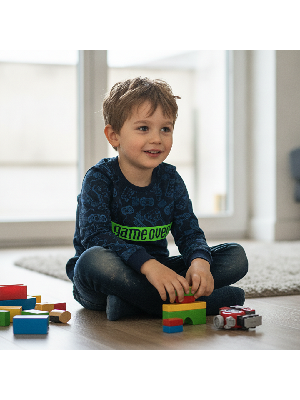 Erkek Çocuk Baskılı Lacivert Renk Uzun Kollu Tshirt Cb1042-1