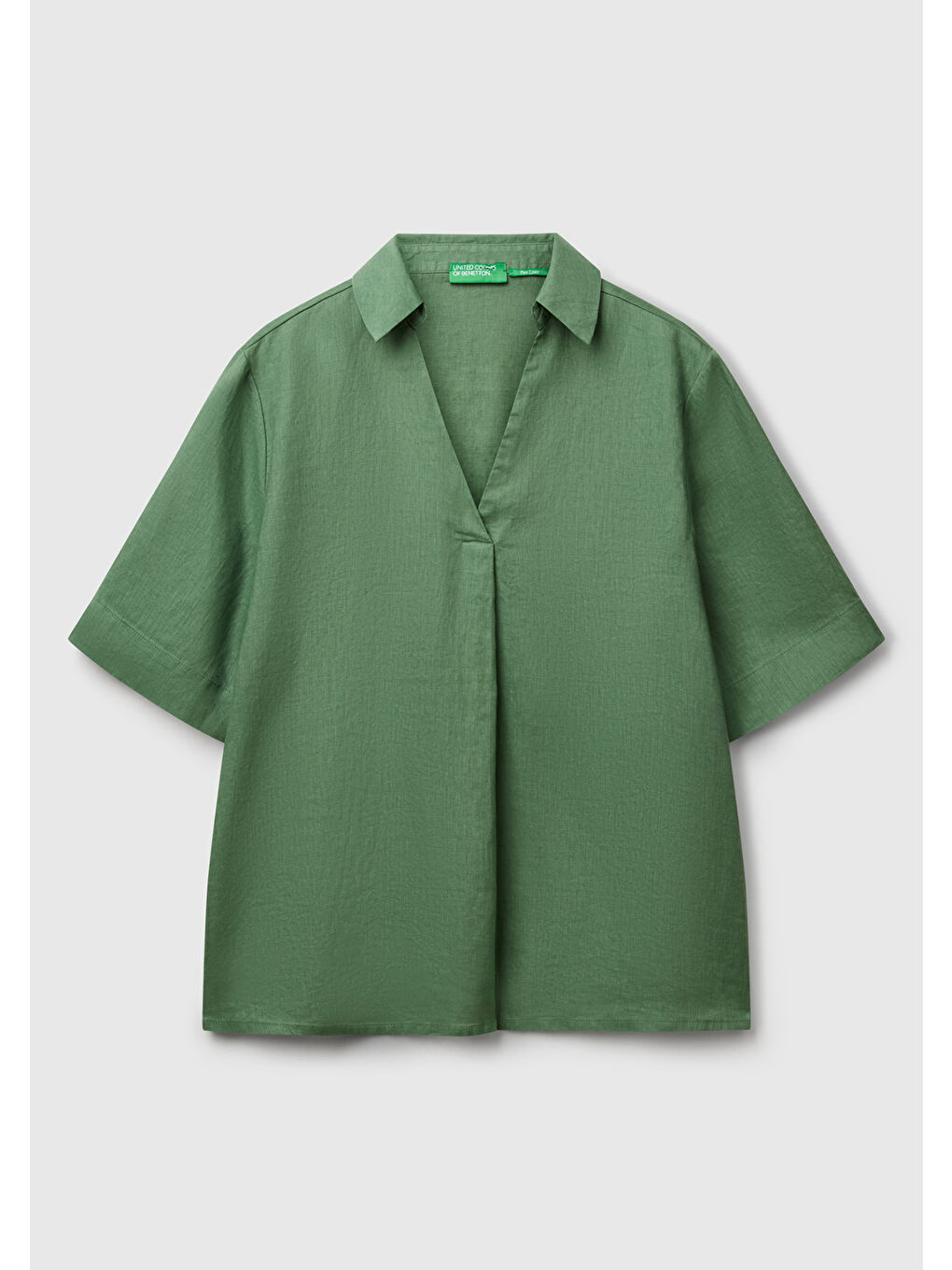 Kadın Açık Yeşil %100 Keten Relax Fit V Gömlek Yakalı Kısa Kollu Bluz-1