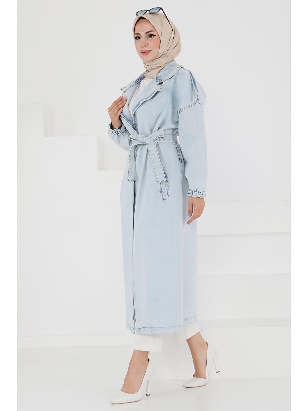 Jean Kuşaklı Trençkot Buz Mavi - 27444-3