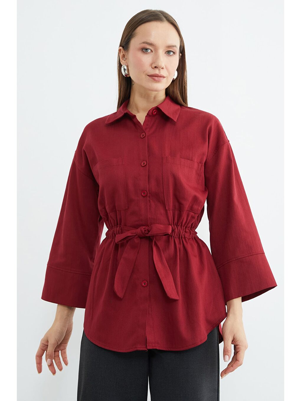 Bordo Beli Lastikli Düğmeli Gömlek-3