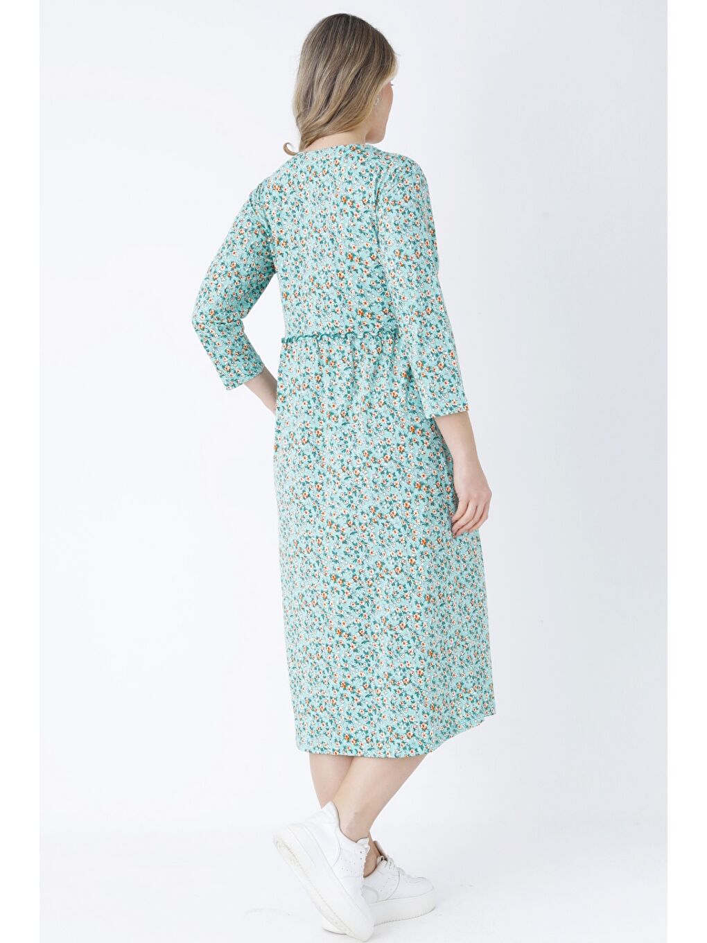 Rahat Kalıp Yeşil Çiçek Desenli Pamuklu Boydan Fermuarlı Bisiklet Yaka Cepli Truvakar Kollu Elbise-5