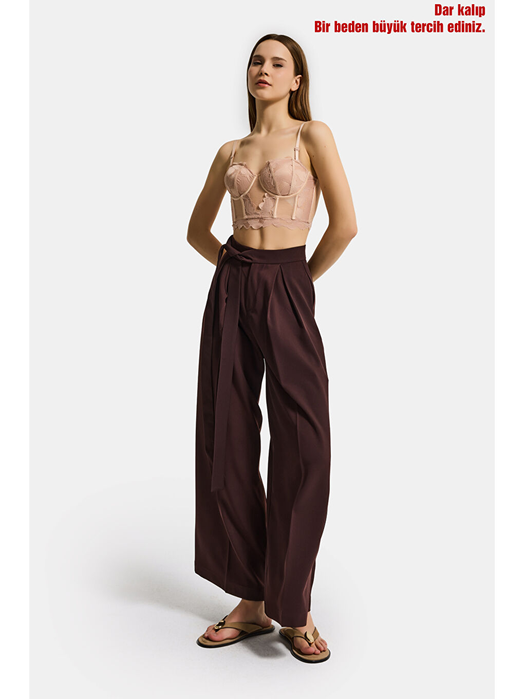 Kahverengi Kadın Acı Kahve w5 Palazzo Fit Özel Kumaş Kemer Detaylı Tasarım Pantolon-1