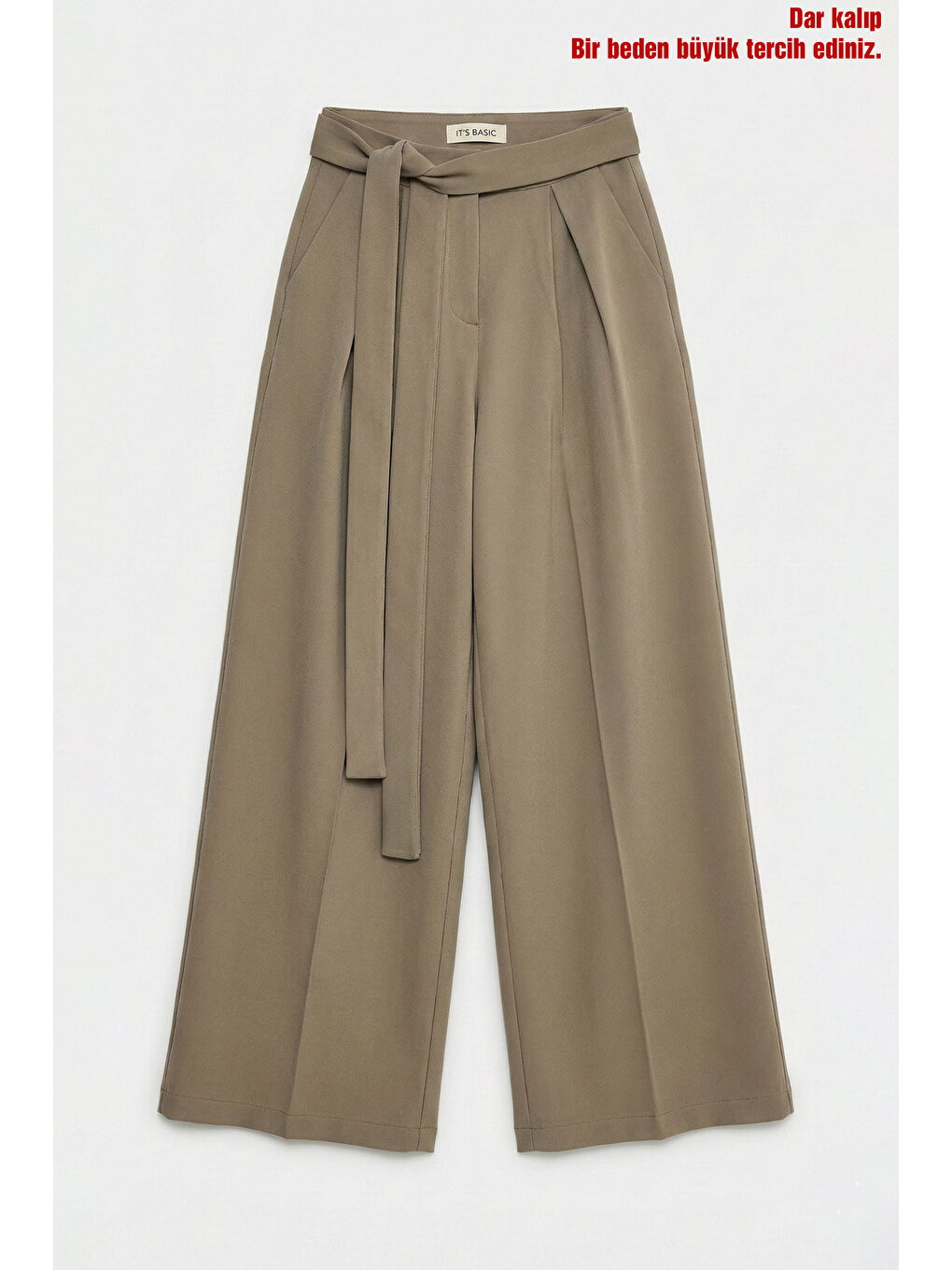 Bej Kadın Vizon w5 Palazzo Fit Özel Kumaş Kemer Detaylı Tasarım Pantolon-4