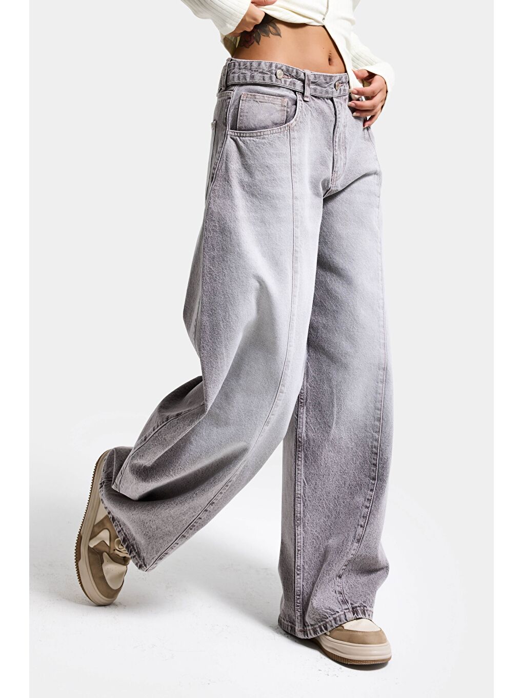 Kadın Gri 4s6-158 Low Rise Baggy Fit Kemer Detaylı Bol Kesim Denim Jean-2