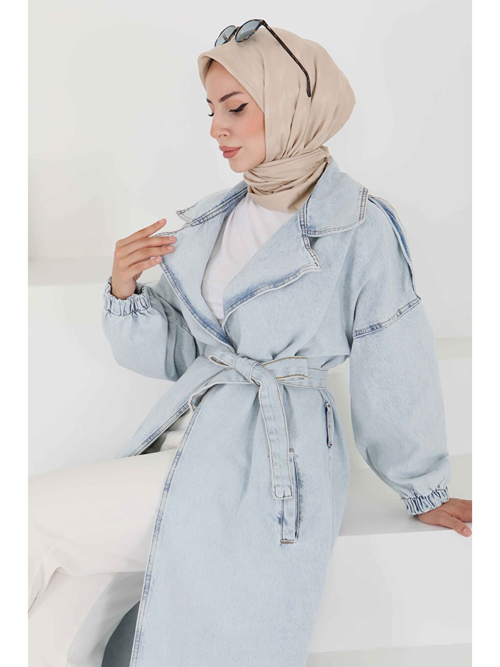 Jean Kuşaklı Trençkot Buz Mavi - 27444-4