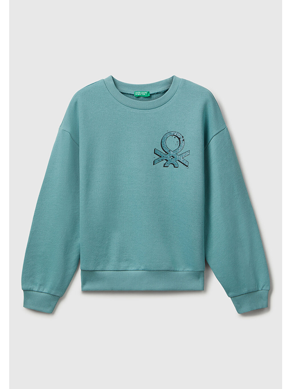 Kız Çocuk Gri-Yeşil Parıltılı Logo Baskılı Ribanalı Bisiklet Yaka Sweatshirt