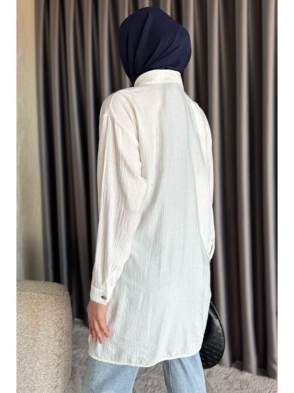 Ekru Yan Bağlamalı Taş İşlemeli Tesettür Tunik-6