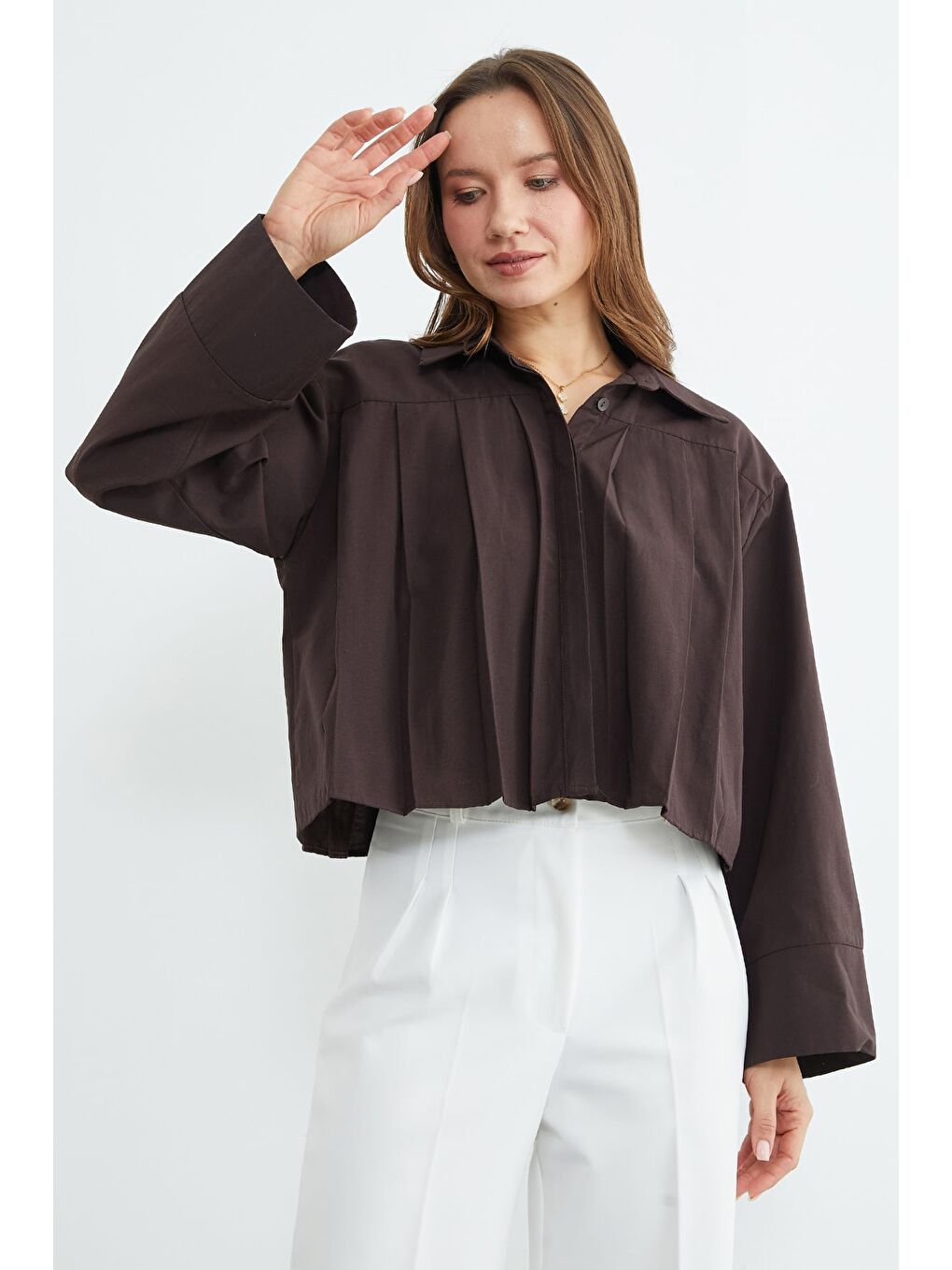 Kahverengi Pileli Geniş Kol Salaş Crop Gömlek-1