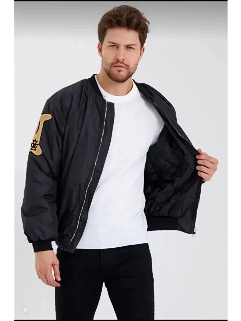 Unisex Uzun Kol Baskılı Bomber Ceket - Siyah-1