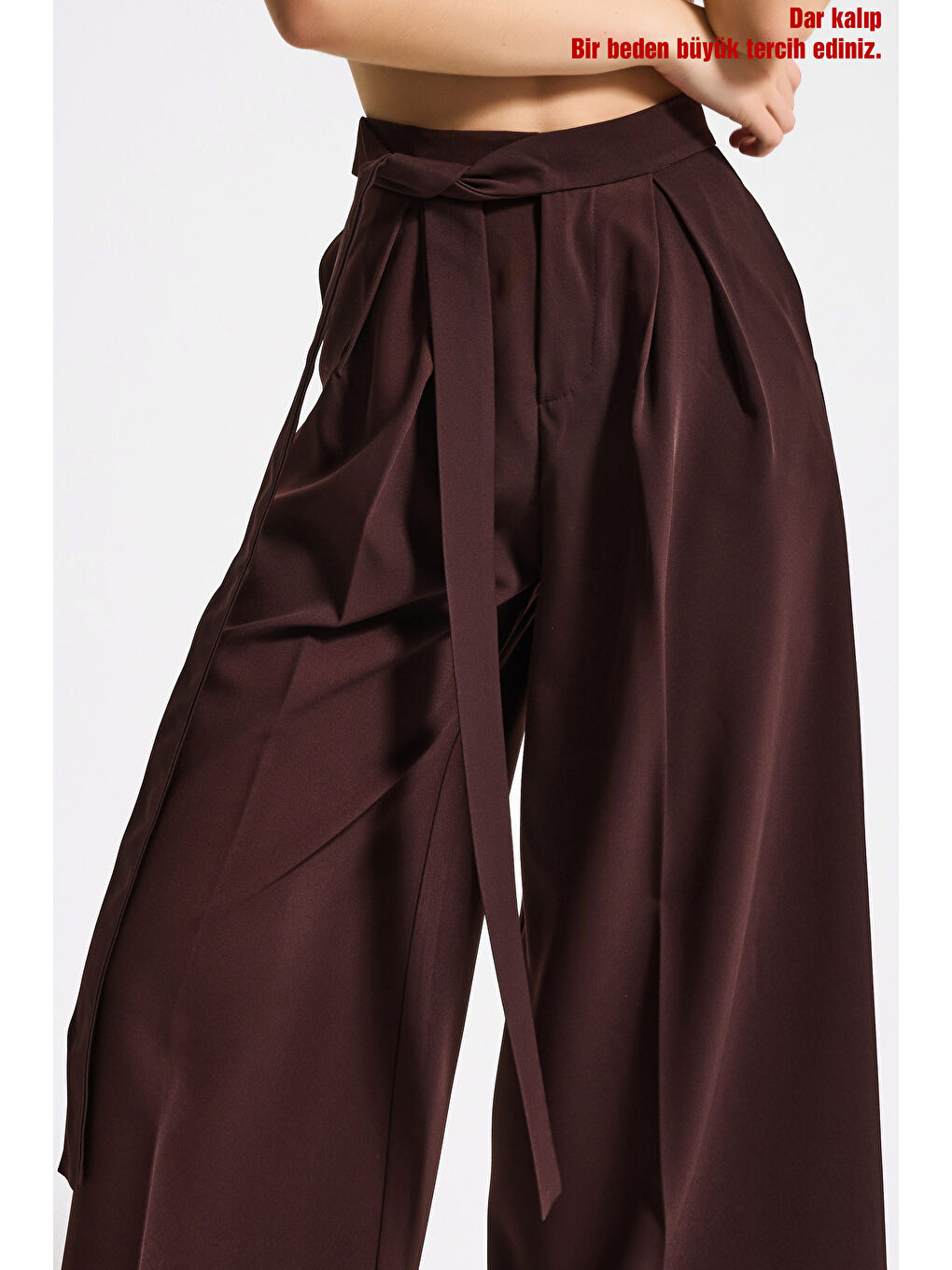 Kahverengi Kadın Acı Kahve w5 Palazzo Fit Özel Kumaş Kemer Detaylı Tasarım Pantolon-2