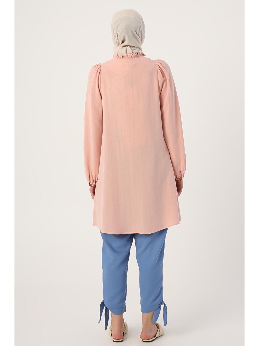 Pembe Pudra Yakası Fırfırlı Keten Tunik-3