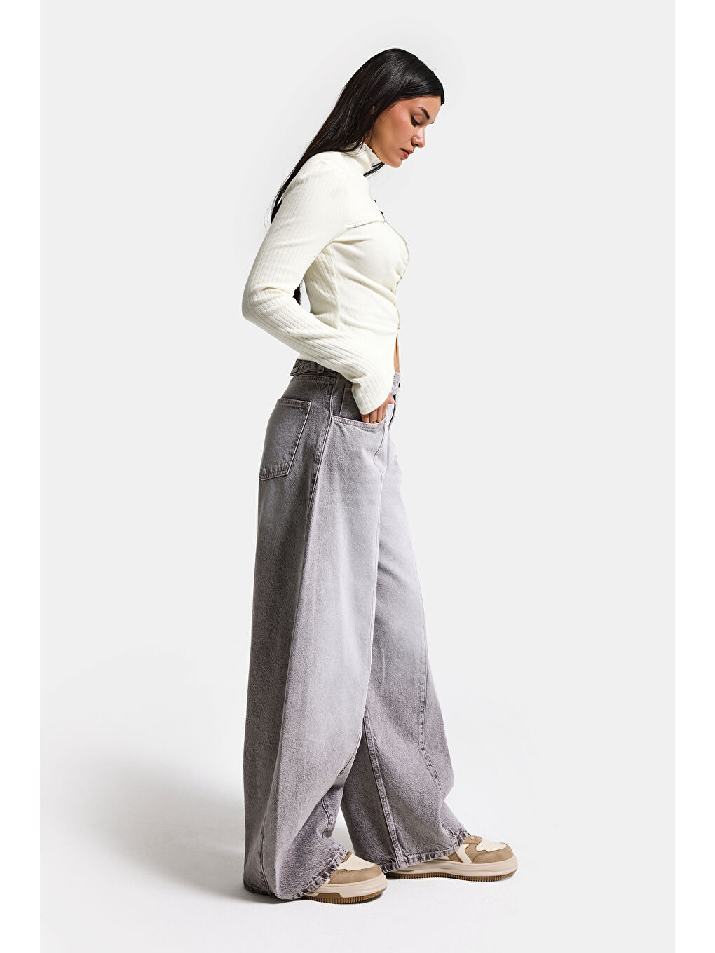 Kadın Gri 4s6-158 Low Rise Baggy Fit Kemer Detaylı Bol Kesim Denim Jean-4
