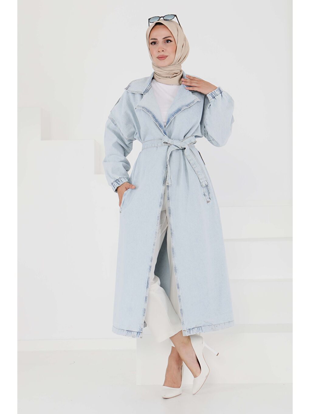 Jean Kuşaklı Trençkot Buz Mavi - 27444-5