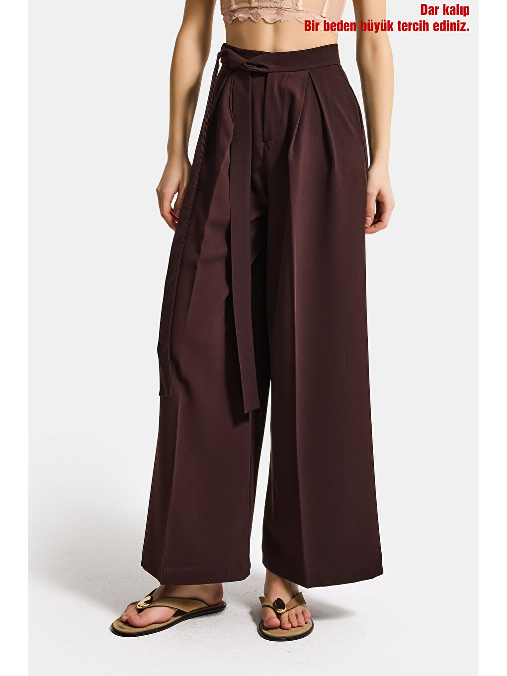 Kahverengi Kadın Acı Kahve w5 Palazzo Fit Özel Kumaş Kemer Detaylı Tasarım Pantolon-4