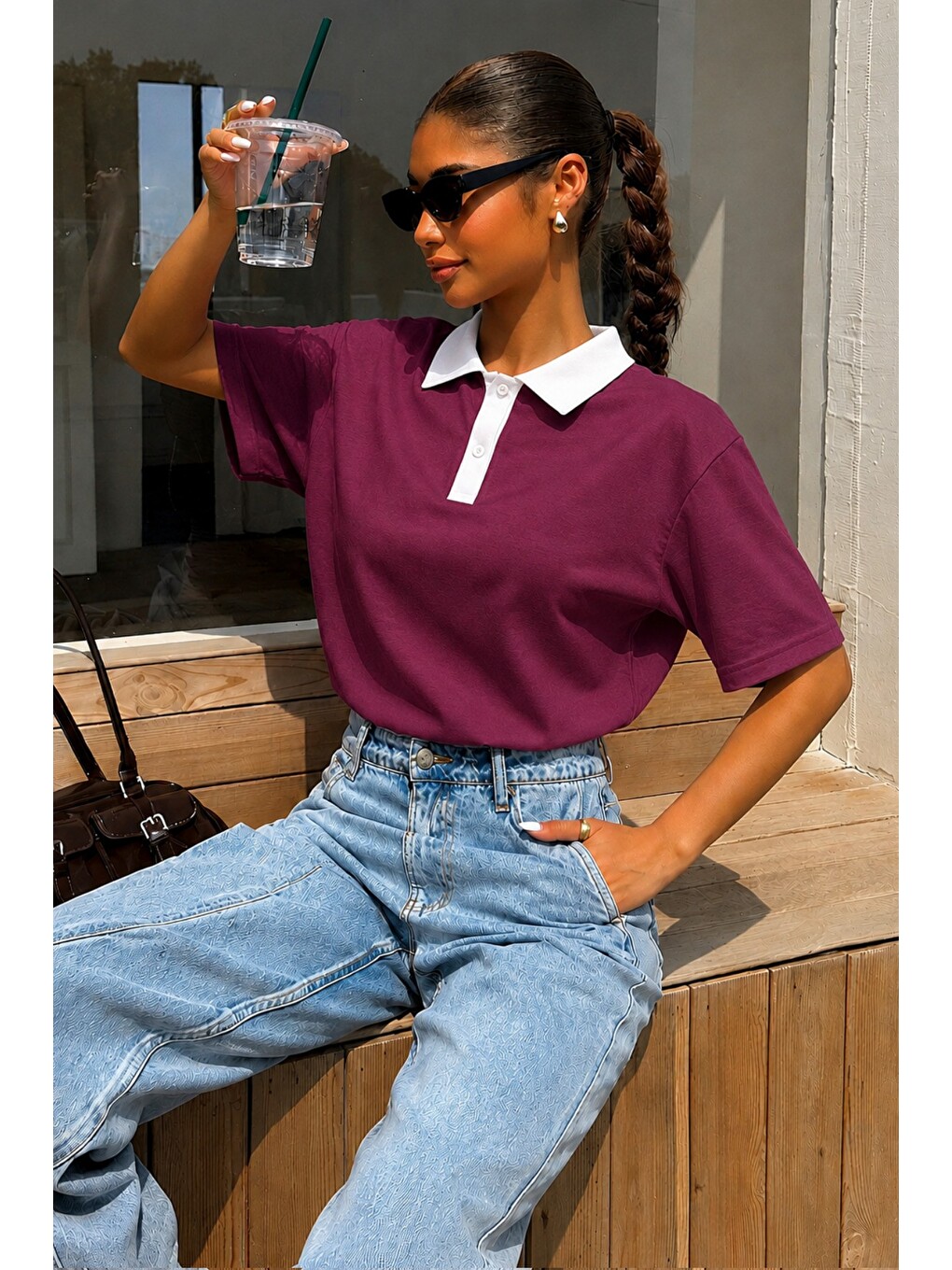 Bordo Kadın Polo Yaka Tişört Regular Fit Kısa Kollu Günlük Basic Tişört