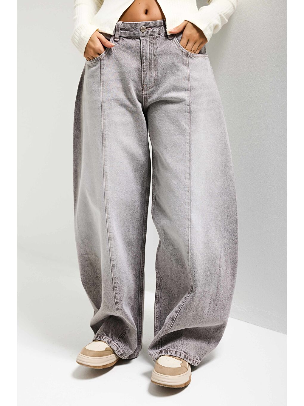 Kadın Gri 4s6-158 Low Rise Baggy Fit Kemer Detaylı Bol Kesim Denim Jean-6