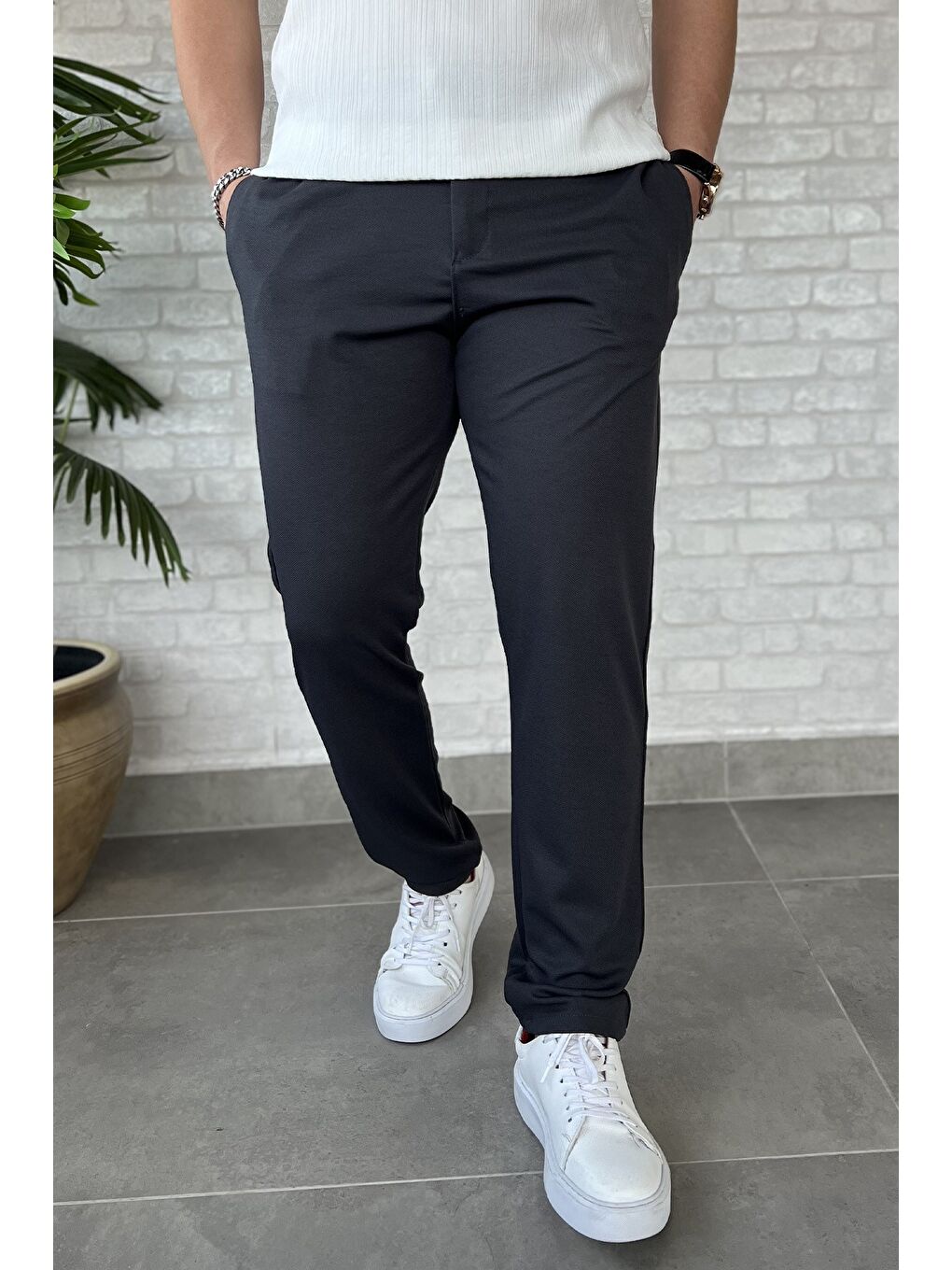 Gri Erkek Bel Bağlama Detaylı Pantolon