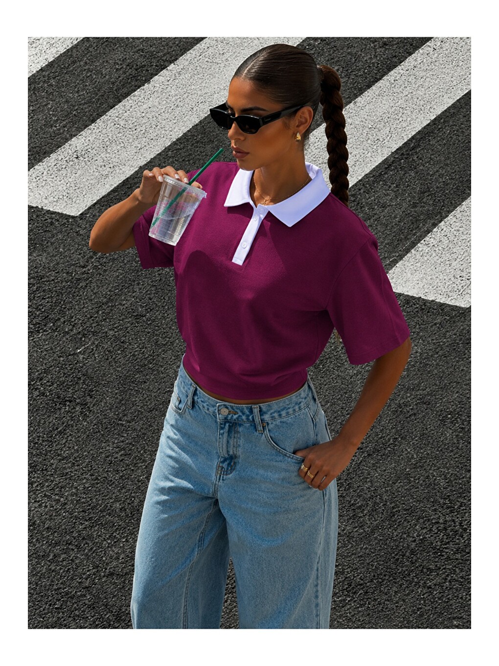 Bordo Kadın Polo Yaka Tişört Regular Fit Kısa Kollu Günlük Basic Tişört-1