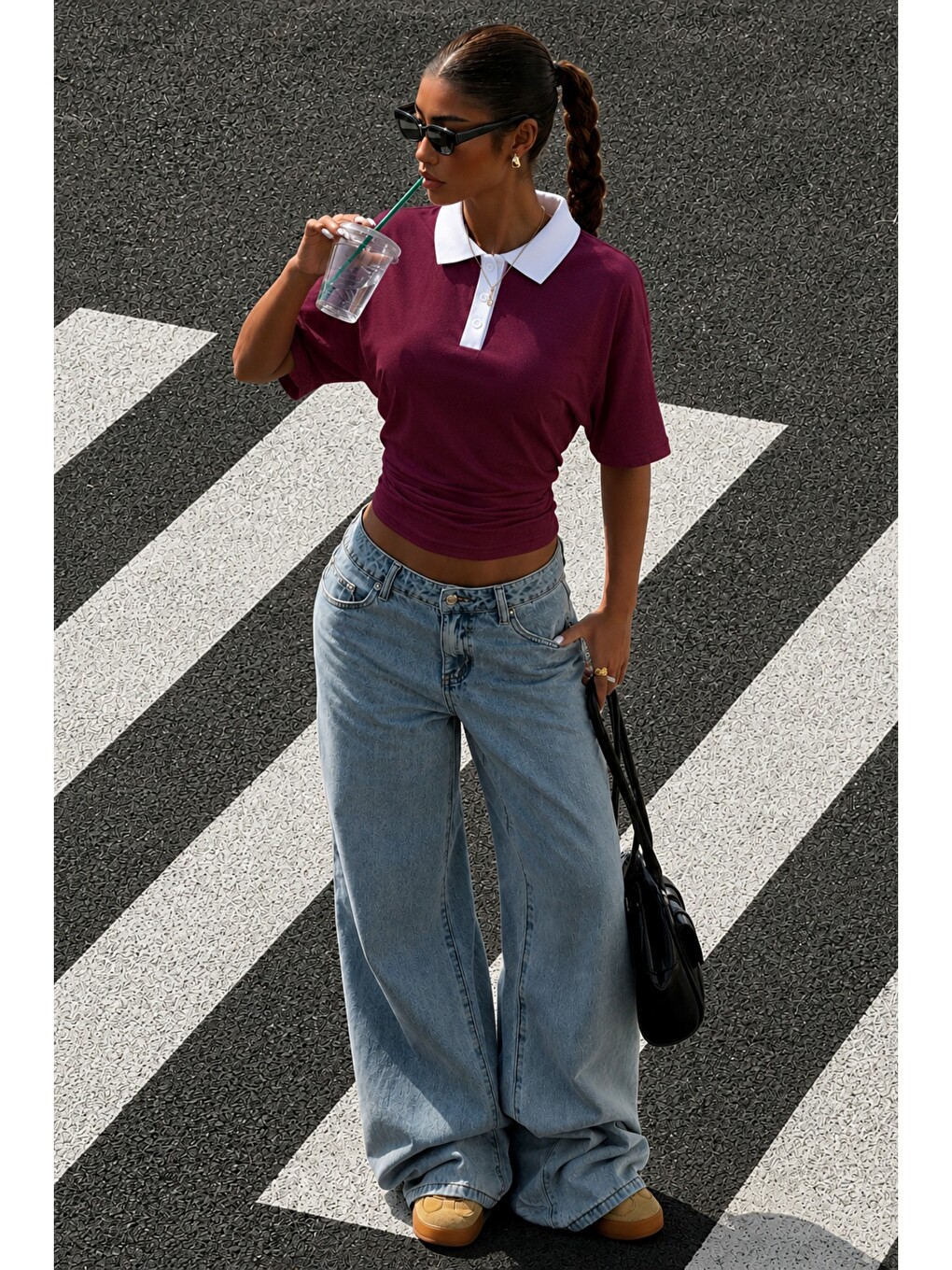 Bordo Kadın Polo Yaka Tişört Regular Fit Kısa Kollu Günlük Basic Tişört-2